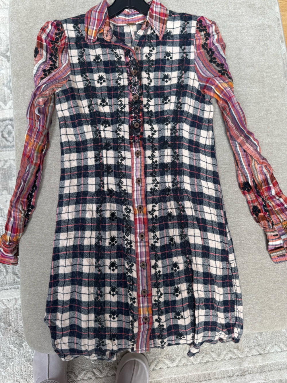 Free People Plaid Button-Up Shirt in Navy, Cream & Pink